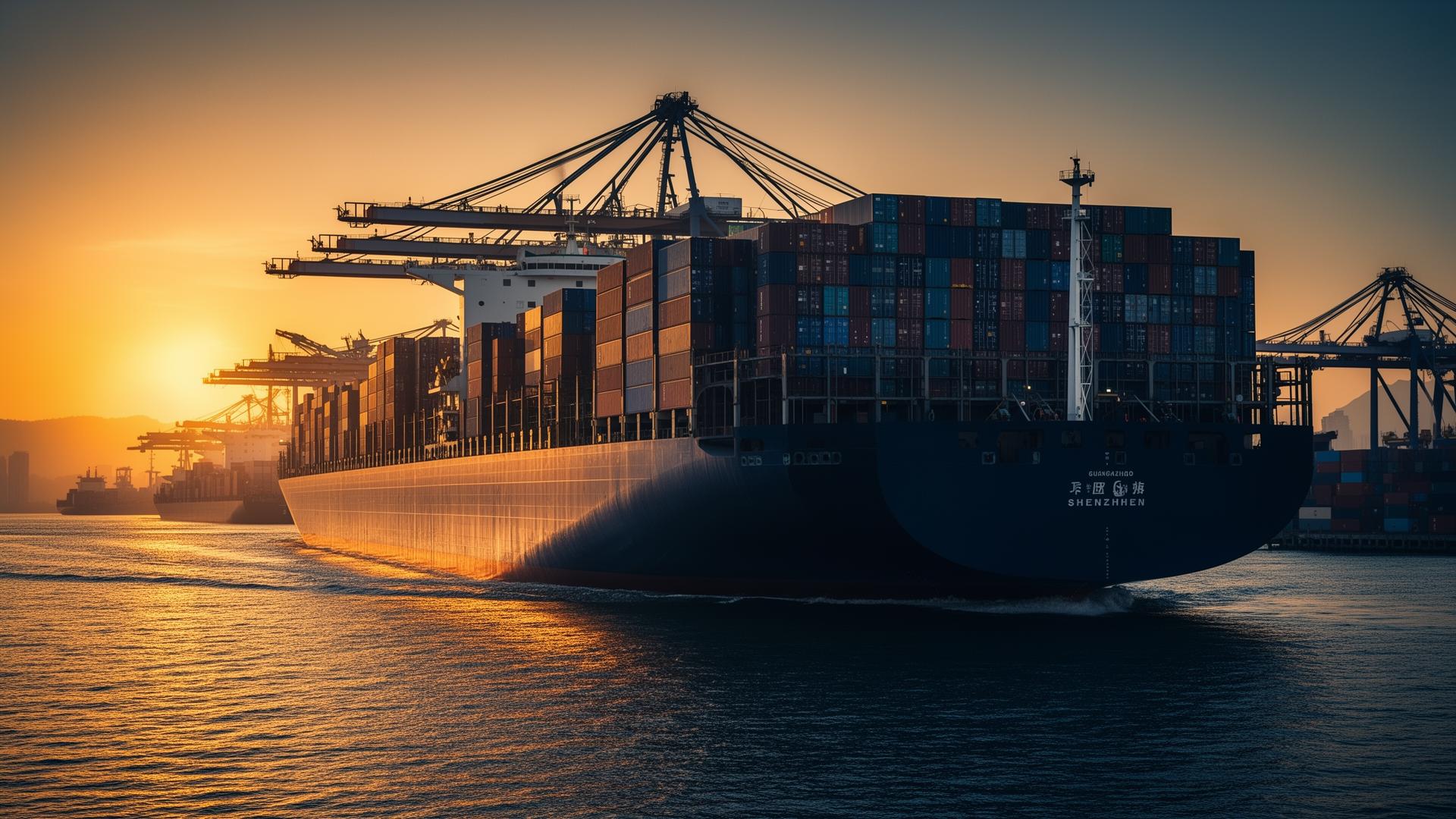 Cargo ship at Guangzhou port at golden hour